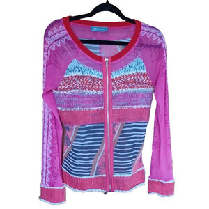 LULU-H Multi Media Zip up Cotton Blend Lacy Sheer Cardigan Pink Women's Small